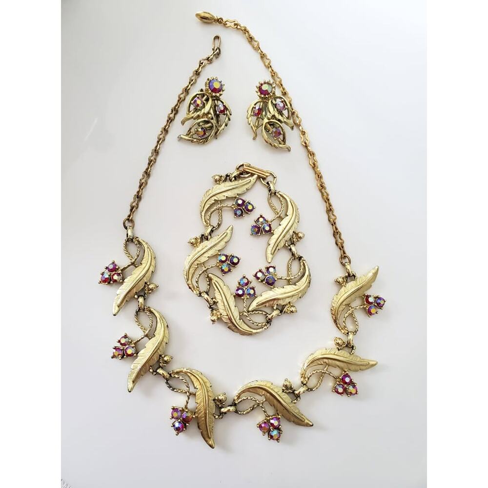 Vintage Judy Lee Designer AB Pink Crystal Leaf Jewelry Set